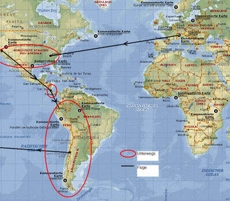 Flug Zürich - Atlanta, Landstrecke Atlanta - Los Angeles, Flug LA - Costa Rica, Landstrecke Costa Rica, Flug Costa Rica - Ecuador, Landstrecke Ecuador, Peru, Bolivien, Argentinien, Chile, Flug Santiago de Chile - Cook Islands