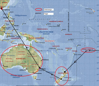 Flug Cook Islands - Auckland, Landstrecke Auckland - Christchurch, Flug Christchurch - Sydney, Landstrecke Australien, Flug Sydney - Hong Kong - Zürich