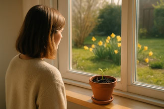 scena di donna alla finestra che coltiva i suoi sogni e la sua felicità. Meditazione del seme e della gioia
