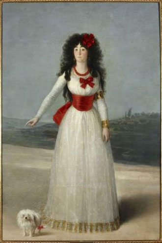 Mªdel Pilar Teresa Cayetana de Silva, XIII duquesa de Alba, obra clave del retrato aristocrático de Goya, quien consiguió su mecenazgo.Casada con José Alvarez de Toledo, luce como testimonio de ese amor un brazalete en su brazo izquierdo con dos letrasSyT