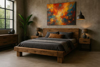 Massives Bett aus rustikaler Eiche im Loft-Schlafzimmer mit Betonwand und Designkunst – stilvolle Wohninspiration
