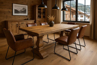 Massiver Klostertisch mit antikem Mittelgestell im Wohnzimmer in Kitzbühel – stilvoller Mix aus Tradition und Moderne