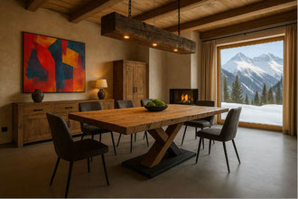 Rustikaler Altholz-Esstisch mit X-Gestell in Chaletwohnung mit modernem Kunstwerk in Sils – alpiner Stil trifft Farbe