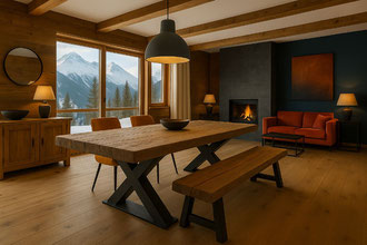 Esstisch mit X-Gestell aus Altholz in stilvoller Loftwohnung in Verbier – rustikaler Chic trifft Moderne