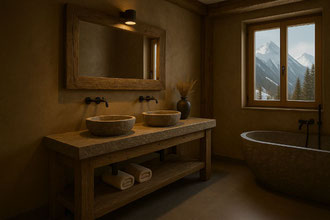 Altholz-Waschtisch mit Naturstein im Chaletbad in Davos – stilvolle Kombination aus Stein, Holz und Ausblick