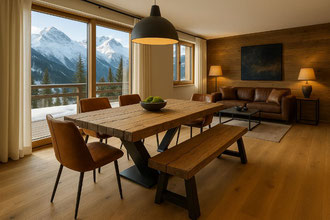 Esstisch aus Altholz in Apartment mit Panoramablick bei Lenzerheide – modernes Design im Chaletstil