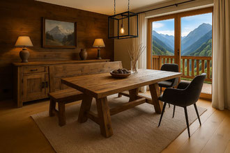 Altholz-Esstisch mit Bank im Chalet bei Davos mit Panoramablick – alpines Wohngefühl pur