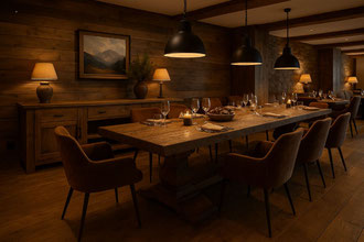 Großer Klostertisch aus Eiche im Bergrestaurant in Grindelwald – gemütliches Ambiente für Gäste