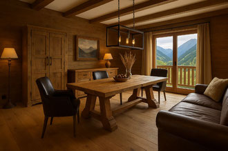 Altholz-Esstisch mit A-Gestell in Loft-Chaletwohnung bei Saanen – moderne Alpenarchitektur