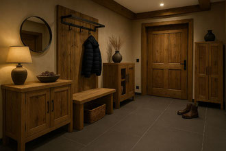 Garderobenmöbel aus Altholz im Eingangsbereich eines Chalets in Obwalden – rustikales Design
