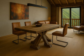 Designer-Esstisch aus Altholz mit Spidergestell in exklusivem Loftchalet bei Zermatt – modernes Alpenambiente