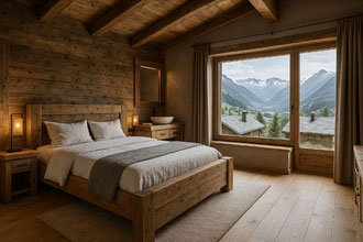 Massives Bett aus rustikaler Eiche im Chalet-Schlafzimmer mit Bergblick und Panoramafenster – stilvolle Wohninspiration