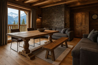 Massiver Klostertisch aus rustikaler Eiche im Chalet-Wohnambiente mit Bank und Bergblick – gemütliche Wohninspiration
