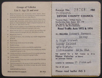 A driving licence issued to Robert Davy on Lundy. Dated 21st June 1976.