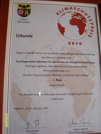 Urkunde Klimaschutzpreis Landkreis Mainz-Bingen 2010