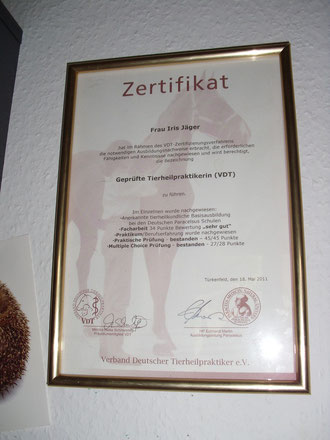 Zertifikat geprüfte Tierheilpraktikerin durch den Verband VDT