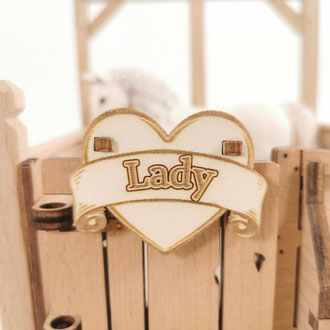 Personalisiertes Namensschild aus Holz an der Tür einer Pferdebox für Schleich® Pferde