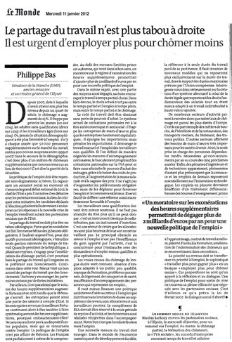 Tribune journal Le Monde sur l'emploi par Philippe Bas 11.01.2012