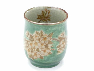 九谷焼【お湯呑】大 しだれ桜 緑塗り『中絵』