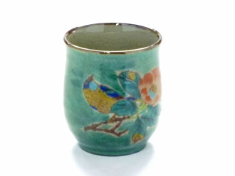 九谷焼【お湯呑】小 椿に鳥 緑塗り【裏絵】