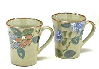 九谷焼『ペアマグカップ』コンビ山茶花&がく紫陽花ピンク+ピンク 裏絵