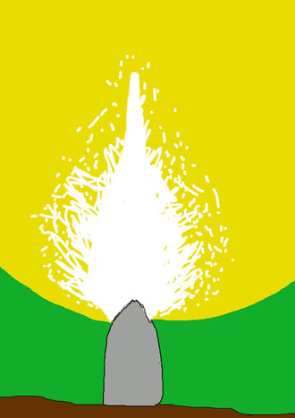 Représentation schématique de la projection tellurique du menhir (explosion de l'énergie tellurique extraite du courant tellurique au moment de sa rencontre avec les énergies cosmiques).