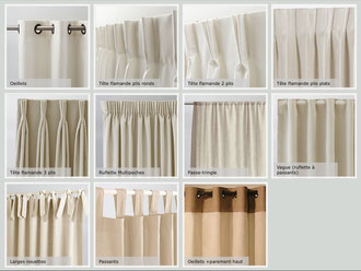 Choix de  têtes de rideaux et voilages pour la confection de rideaux et double rideaux sur mesure et double rideaux