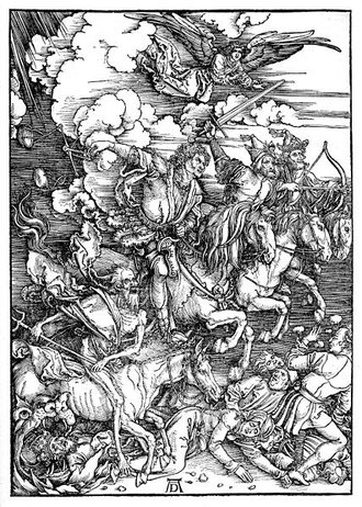 Albrecht Dürer, "La Révélation de Saint Jean : Les Quatre Cavaliers de l'Apocalypse", 1497-1498, conservé à la Staatliche Kunsthalle de Karlsruhe, (source : Wikipedia)