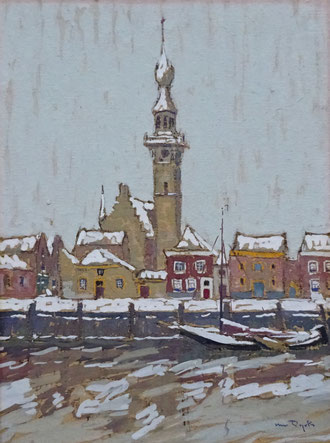 Veere, winter, aquarel stadhuis te Veere. A.J. van Dijck.