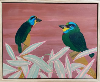 "Chinese Barbets" 55cm x 44cm Acrylic on canvas, pinewood frame $300 (excluding freight) 