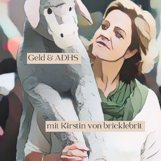 Kirstin von bricklebrit mit Stoffesel. Symbolisiert Unterstützung bei Geldmanagement für Erwachsene mit ADHS.