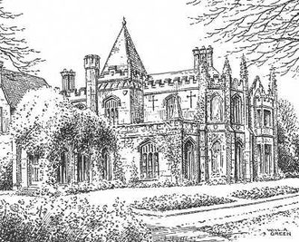 Warley Abbey in 1934. Thanks for the use of this image to E W Green, Historic Buildings in Pen & Ink - The Work of William Albert Green. See Acknowledgements for a link to thAT site.