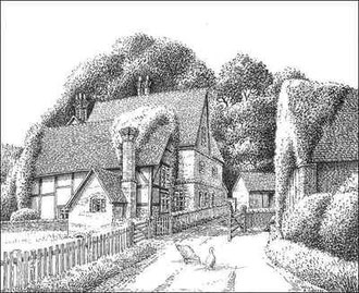 The 17th-century Lyndon Green Farm, Barrows Lane demolished 1939, drawn 1937. Thanks to E W Green, Historic Buildings in Pen & Ink - The Work of William Albert Green. See Acknowledgements.