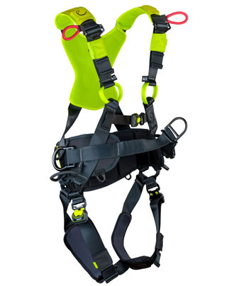 Auf dem Bild ist ein Edelrid Flex Pro Plus dargestellt. Gut zu erkennen sind die Gurtbänder und Auffangösen.