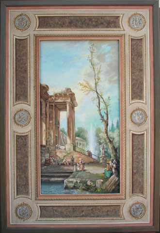 Capriccio architettonico settecentesco (alla maniera di Hubert Robert), con cornice dipinta in stile neoclassico, tempera su tavola, cm 90 x 120