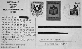 Rechtsradikale Postkarte mit Hetze gegen rumänische Roma, adressiert an "Nürtingen, DEUTSCHES REICH", 1993