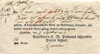 Beförderungsschein des Postamtes vom Sept. 1826 für einen Sack mit 83 Gulden nach Stuttgart.
