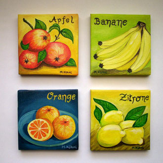 Früchte 1, je 10x10, Öl auf Leinwand