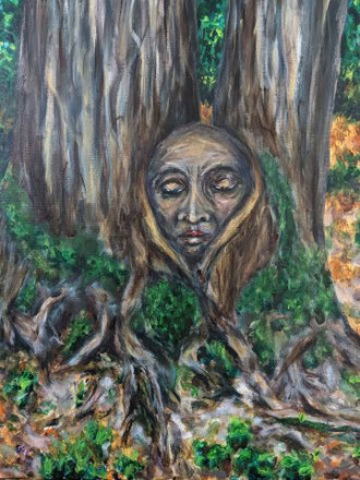 Menschenkopf als Spross zweier Baeume