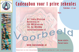 Cadeaubon voor tekenles, privé tekenles voor volwassenen en kinderen in Het Gooi, Hilversum, Laren, Blaricum, Louise Adams atelier artstudio 