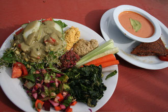 'Mashed Potatoes', Kale Salad, Root Vegetable Salad, Sprouts with Wasabi Dressing and Mediterranean Olive Paté