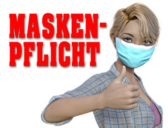 Frau in einem karierten Hemd trägt eine Alltagsmaske und weist auf die Maskenpflicht während der Corona Krise hin