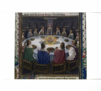 Apparition du Graal à la Table Ronde. Les noms des chevaliers qui siègent à la table sont gravés au dos de leur siège