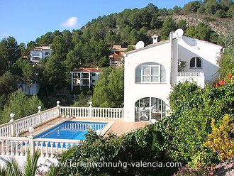 Auf dem Bild sehen Sie die Villa Gandia Hills mit Pool und Sonnen-Terrasse der Feriengäste, Foto: Birgitta Kuhlmey, Valencia, Spanien