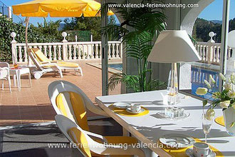 Ferienwohnung Valencia, Wintergarten der Ferienwohnung Valencia, Terrasse der Feriengäste und Pool, Foto: Birgitta Kuhlmey, Valencia, Spanien