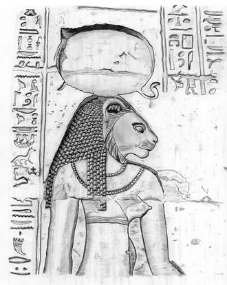 Illustration réalisée par nos soins, inspirée du bas-relief de Sekhmet dans le temple de Kom Ombo, Égypte