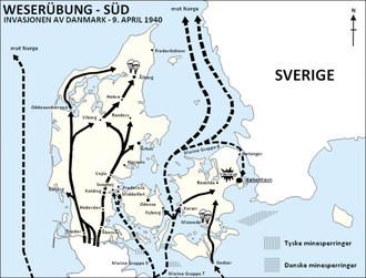 Überfall auf Dänemark, April 9, 1940, Roskilde ist eingezeichnet. Grafik: Realismadder, Lizenz: Creative Commons Attribution-Share Alike 3.0 Unported