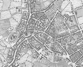 Westley's 1731 map of Birmingham - part. It is oriented with North to the left of the map.