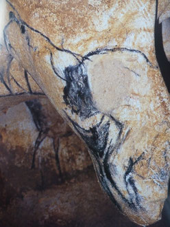 Antropomorfo de la cueva de Chauvet (Francia, 35.000 años) conocido popularmente como "el Hechicero". Ejecutado con carbón vegetal sobre un saliente rocoso, fusiona la figura de un hombre-bisonte con la silueta de un gran pubis femenino.