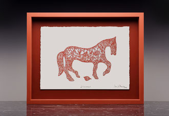 Sergio Pausig "Lipicanec"  vernice molle colore rosso serpau calcografico 29,7 x 21 cm.   collocata in teca di legno dipinto e plexiglass. 30 x 40 cm.   